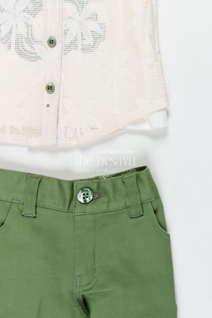 The Nesavu Boys Casual Set Trendy Cotton Boys Outfits with Embroidered Shirt and Graphic Tee in White and Green Combo Nesavu Nesavu Stylish Boys Green Shorts Set White Graphic Tee Embroidered Shirt boys outfits
