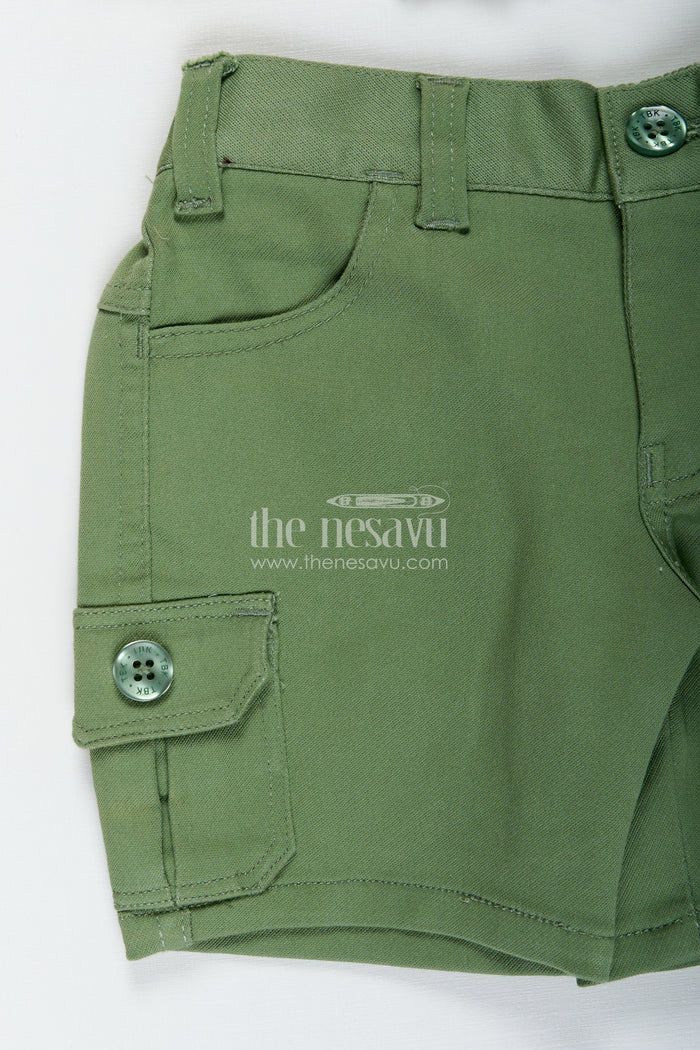 The Nesavu Boys Casual Set Trendy Cotton Boys Outfits with Embroidered Shirt and Graphic Tee in White and Green Combo Nesavu Nesavu Stylish Boys Green Shorts Set White Graphic Tee Embroidered Shirt boys outfits