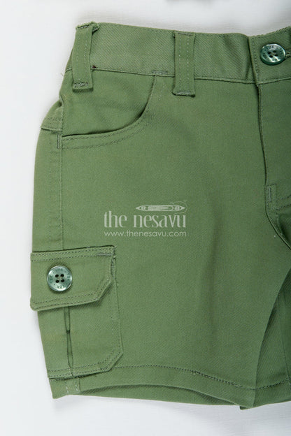 The Nesavu Boys Casual Set Trendy Cotton Boys Outfits with Embroidered Shirt and Graphic Tee in White and Green Combo Nesavu Nesavu Stylish Boys Green Shorts Set White Graphic Tee Embroidered Shirt boys outfits