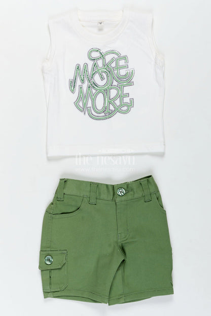 The Nesavu Boys Casual Set Trendy Cotton Boys Outfits with Embroidered Shirt and Graphic Tee in White and Green Combo Nesavu Nesavu Stylish Boys Green Shorts Set White Graphic Tee Embroidered Shirt boys outfits