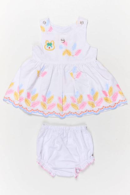 The Nesavu Baby Cotton Frocks Two-piece Baby Frock Set with Floral Embroidery and Bloomers Nesavu 14 (6M) / Half white / Cotton Blend BFJ850E-14 Baby frock set with embroidery and bloomers for comfortable everyday wear