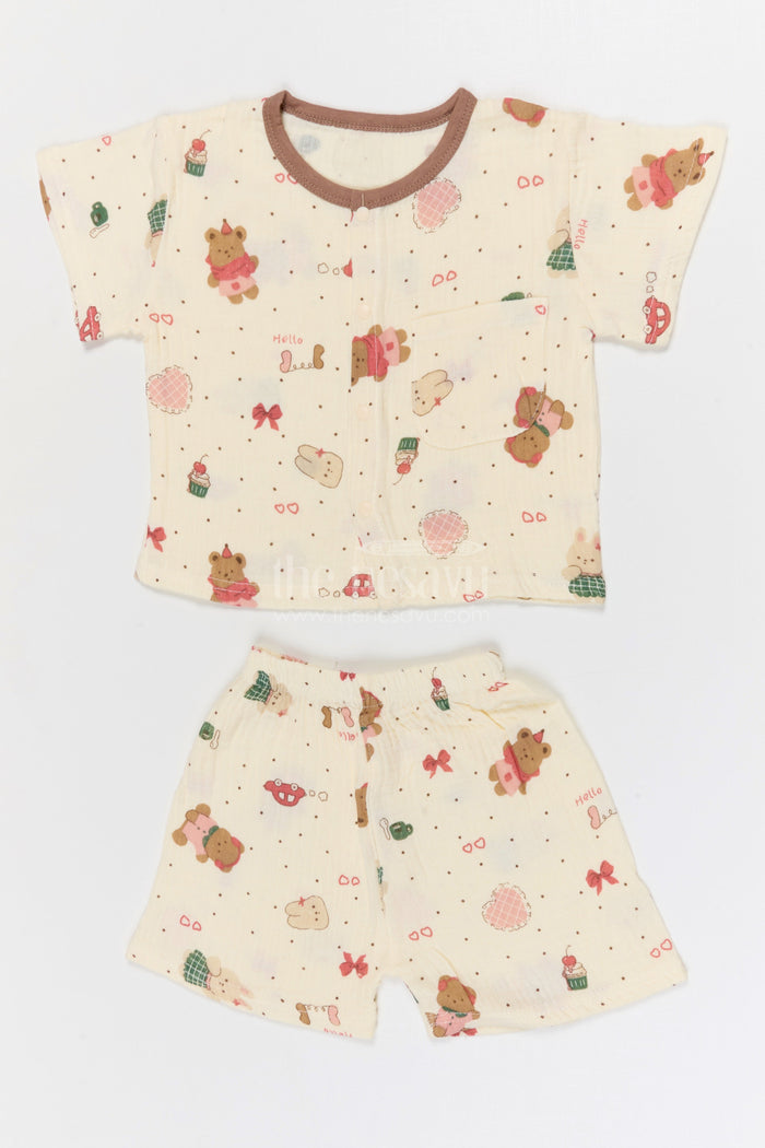 The Nesavu Night Dress Kids Cotton Night Suit with Bunny Print for Bedtime Comfort Nesavu 10 (NB) / Cream / Muslin Cotton NS067A-10 Nesavu Kids Muslin Cotton Bunny Print Night Suit For Comfortable Daily Sleepwear