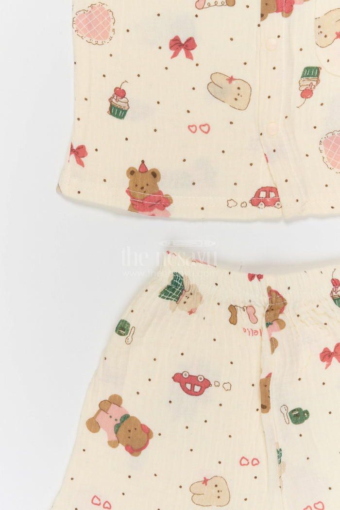 The Nesavu Night Dress Kids Cotton Night Suit with Bunny Print for Bedtime Comfort Nesavu Nesavu Kids Muslin Cotton Bunny Print Night Suit For Comfortable Daily Sleepwear