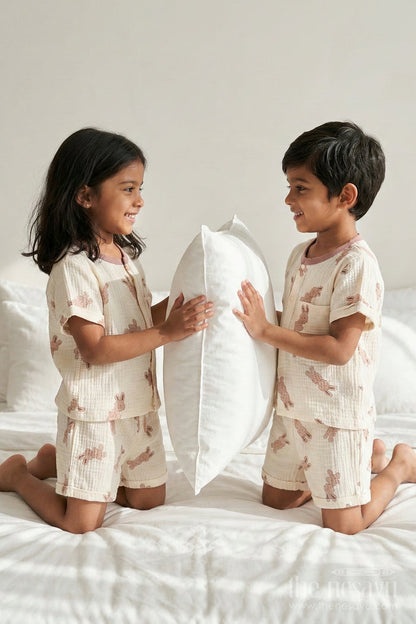 The Nesavu Night Dress Unisex Cotton Night Suit with Bunny Print for Cozy Sleep Nesavu 10 (NB) / Cream / Muslin Cotton NS061A-10 Nesavu Kids Unisex Muslin Cotton Bunny Print Night Suit For Everyday Summer Sleep