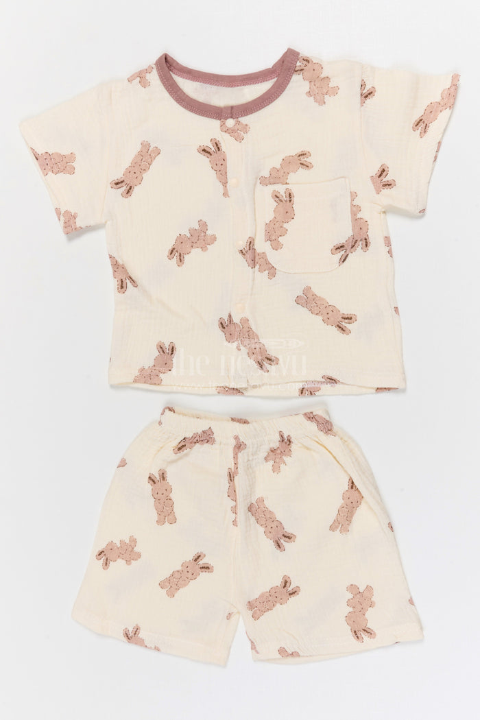 The Nesavu Night Dress Kids Cotton Night Suit with Bunny Print for Cozy Sleep Nesavu 10 (NB) / Cream / Muslin Cotton NS061A-10 Nesavu Kids Muslin Cotton Bunny Print Night Suit For Everyday Summer Sleep