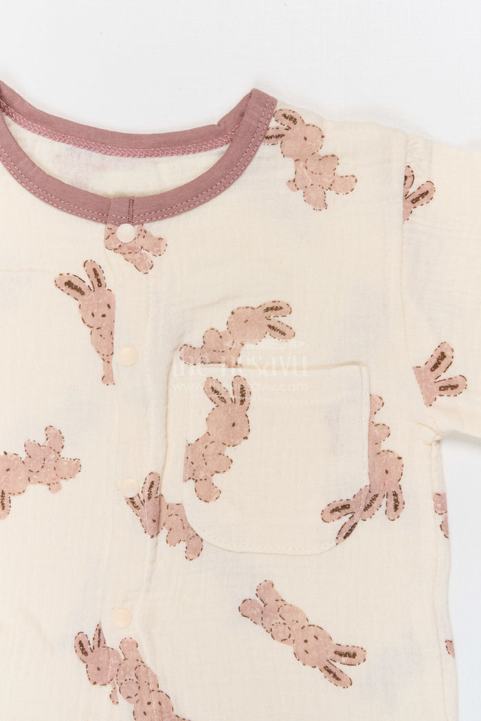 The Nesavu Night Dress Kids Cotton Night Suit with Bunny Print for Cozy Sleep Nesavu Nesavu Kids Muslin Cotton Bunny Print Night Suit For Everyday Summer Sleep