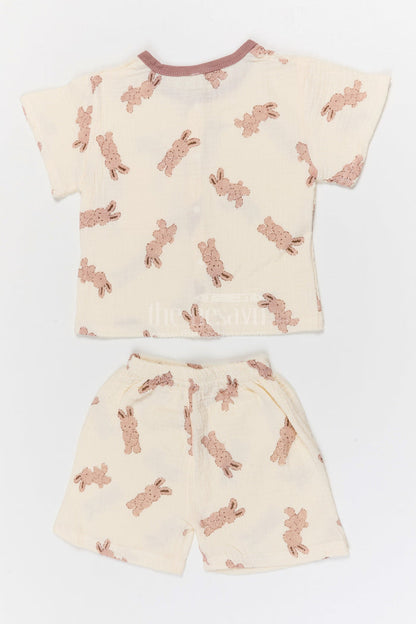 The Nesavu Night Dress Kids Cotton Night Suit with Bunny Print for Cozy Sleep Nesavu Nesavu Kids Muslin Cotton Bunny Print Night Suit For Everyday Summer Sleep