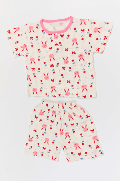 The Nesavu Night Dress Kids Cotton Night Suit with Bunny Print for Cozy Summer Nights Nesavu 10 (NB) / Cream / Muslin Cotton NS068A-10 Nesavu Kids Muslin Cotton Bunny Print Night Suit For Breathable Summer Sleep