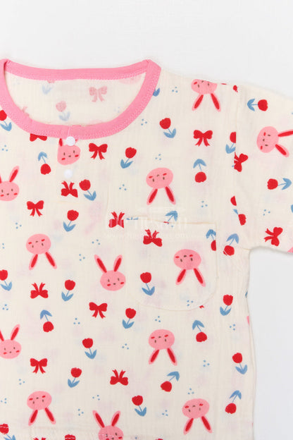 The Nesavu Night Dress Kids Cotton Night Suit with Bunny Print for Cozy Summer Nights Nesavu Nesavu Kids Muslin Cotton Bunny Print Night Suit For Breathable Summer Sleep