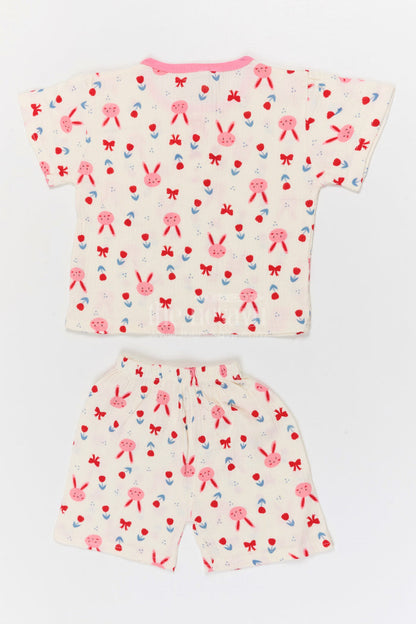 The Nesavu Night Dress Kids Cotton Night Suit with Bunny Print for Cozy Summer Nights Nesavu Nesavu Kids Muslin Cotton Bunny Print Night Suit For Breathable Summer Sleep