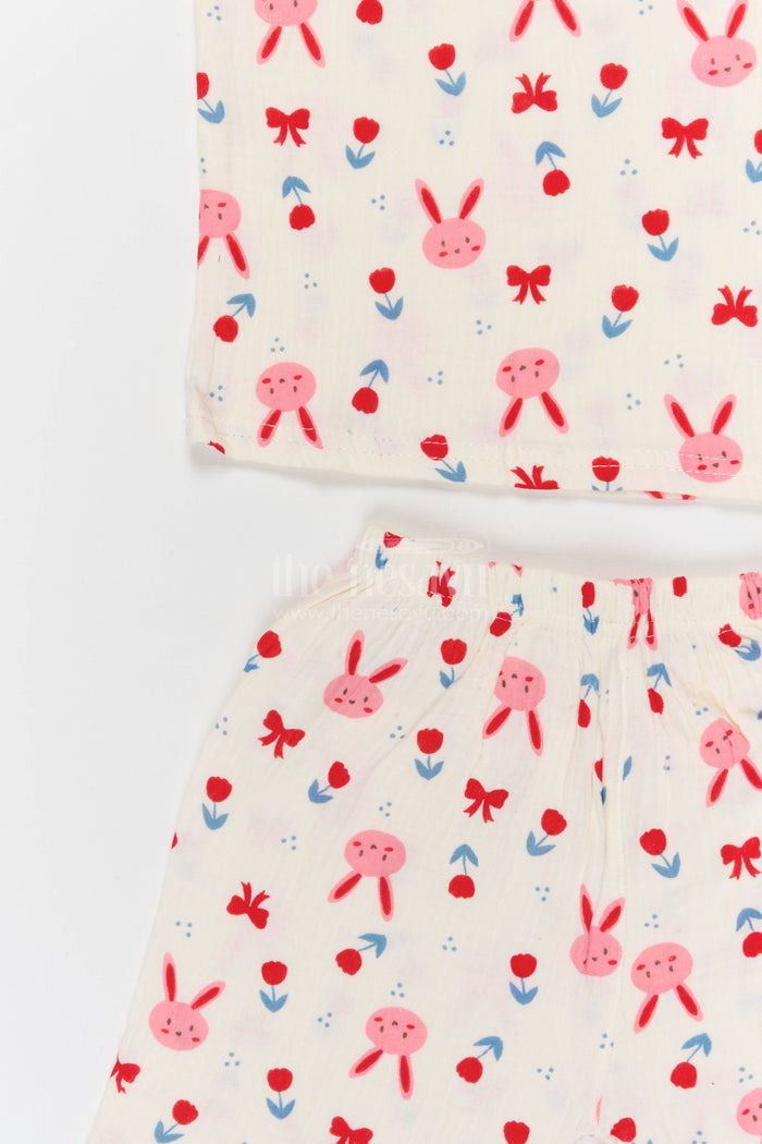 The Nesavu Night Dress Kids Cotton Night Suit with Bunny Print for Cozy Summer Nights Nesavu Nesavu Kids Muslin Cotton Bunny Print Night Suit For Breathable Summer Sleep