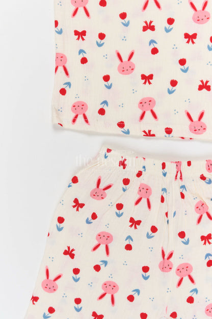 The Nesavu Night Dress Kids Cotton Night Suit with Bunny Print for Cozy Summer Nights Nesavu Nesavu Kids Muslin Cotton Bunny Print Night Suit For Breathable Summer Sleep