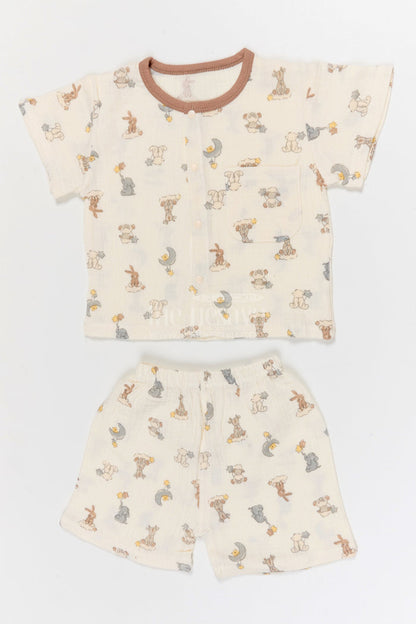 The Nesavu Night Dress Kids Cotton Night Suit with Bunny Print for Everyday Sleep Nesavu 10 (NB) / Cream / Muslin Cotton NS064A-10 Nesavu Kids Muslin Cotton Bunny Print Night Suit For Comfortable Daily Sleepwear