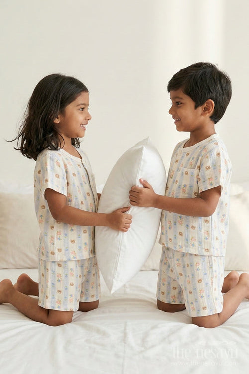 The Nesavu Night Dress Unisex Cotton Night Suit with Floral Print for Daily Sleepwear Nesavu 10 (NB) / Multicolor / Muslin Cotton NS062A-10 Nesavu Unisex Muslin Cotton Floral Print Night Suit For Breathable Sleepwear