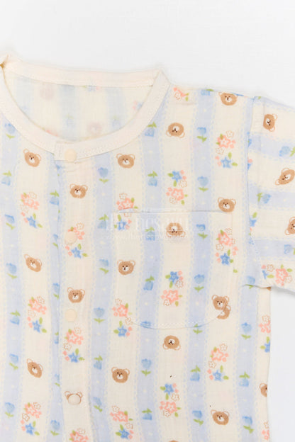 The Nesavu Night Dress Kids Cotton Night Suit with Bunny Print for Cozy Sleep Nesavu Nesavu Kids Muslin Cotton Bunny Print Night Suit For Everyday Summer Sleep