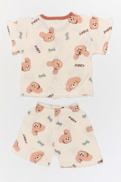 The Nesavu Night Dress Kids Cotton Night Suit with Puppy Print for Bedtime Comfort Nesavu Nesavu Kids Muslin Cotton Puppy Print Night Suit For Breathable Summer Sleepwear