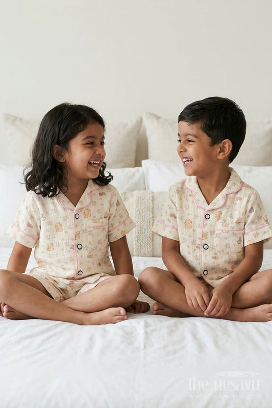The Nesavu Night Dress Unisex Kids Cotton Night Suit for Comfortable Summer Sleep Nesavu 16 (1Y) / Multicolor / Muslin Cotton NS051A-16 Nesavu Unisex Kids Muslin Cotton Night Suit With Floral Digital Print For Summer Sleepwear