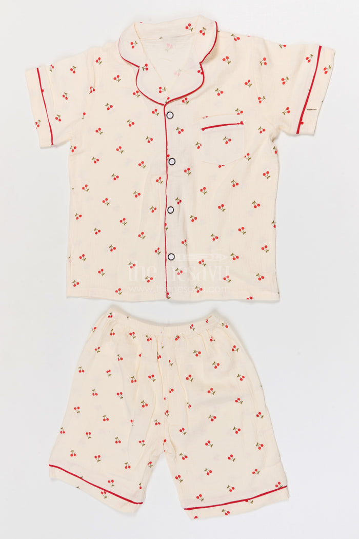 The Nesavu Night Dress Kids Cotton Night Suit for Daily Sleep and Lounge Wear Nesavu 16 (1Y) / Cream / Muslin Cotton NS052B-16 Nesavu Kids Muslin Cotton Night Suit With Cherry Print For Summer Sleepwear