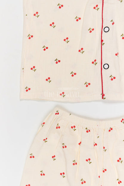 The Nesavu Night Dress Kids Cotton Night Suit for Daily Sleep and Lounge Wear Nesavu Nesavu Kids Muslin Cotton Night Suit With Cherry Print For Summer Sleepwear