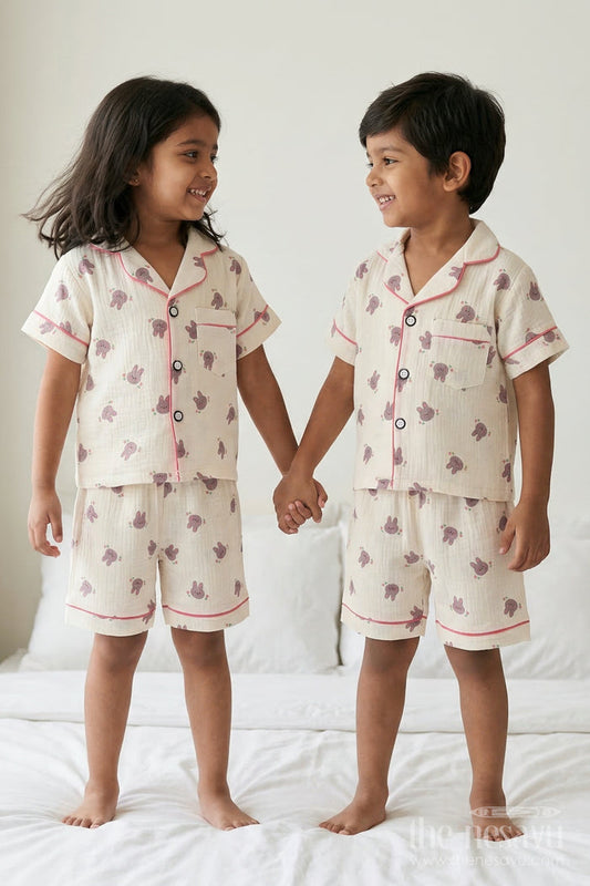 The Nesavu Night Dress Unisex Kids Cotton Night Suit with Bunny Print for Bedtime Nesavu 16 (1Y) / Cream / Muslin Cotton NS054A-16 Nesavu Unisex Kids Muslin Cotton Bunny Print Night Suit For Comfortable Sleepwear