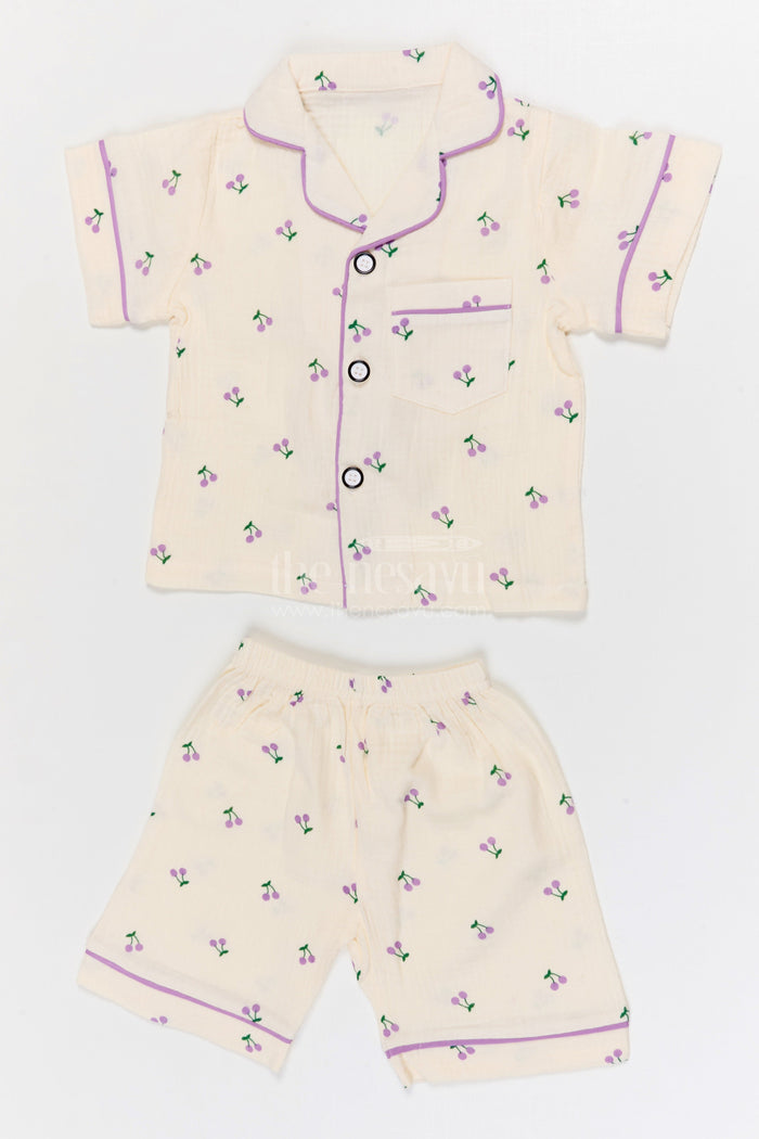 The Nesavu Night Dress Kids Cotton Night Suit with Cherry Print for Bedtime Comfort Nesavu 16 (1Y) / Cream / Muslin Cotton NS052A-16 Nesavu Kids Muslin Cotton Cherry Print Night Suit For Everyday Sleepwear