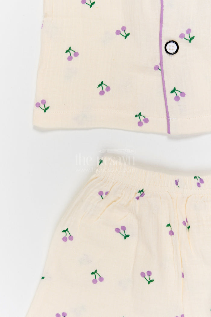 The Nesavu Night Dress Kids Cotton Night Suit with Cherry Print for Bedtime Comfort Nesavu Nesavu Kids Muslin Cotton Cherry Print Night Suit For Everyday Sleepwear