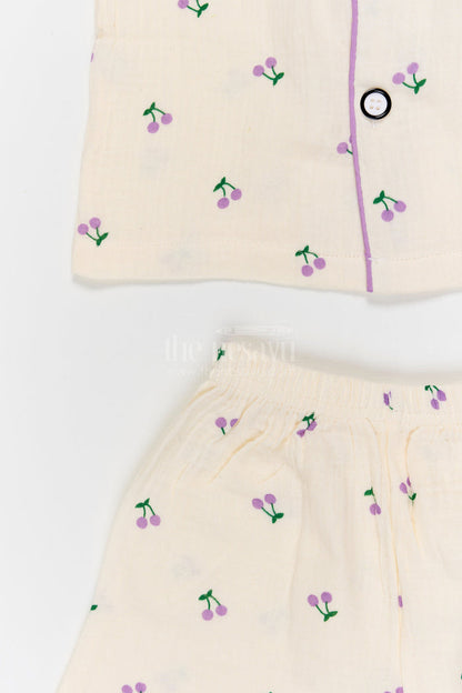 The Nesavu Night Dress Kids Cotton Night Suit with Cherry Print for Bedtime Comfort Nesavu Nesavu Kids Muslin Cotton Cherry Print Night Suit For Everyday Sleepwear