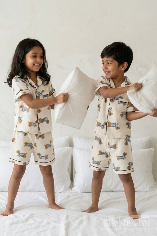 The Nesavu Night Dress Unisex Kids Cotton Night Suit with Dog Print for Cozy Sleep Nesavu 16 (1Y) / Cream / Muslin Cotton NS055A-16 Nesavu Unisex Kids Muslin Cotton Dog Print Night Suit For Comfortable Summer Sleepwear