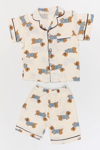 The Nesavu Night Dress Kids Cotton Night Suit with Dog Print for Cozy Sleep Nesavu 16 (1Y) / Cream / Muslin Cotton NS055A-16 Nesavu Kids Muslin Cotton Dog Print Night Suit For Comfortable Summer Sleepwear