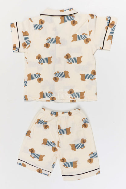 The Nesavu Night Dress Kids Cotton Night Suit with Dog Print for Cozy Sleep Nesavu Nesavu Kids Muslin Cotton Dog Print Night Suit For Comfortable Summer Sleepwear