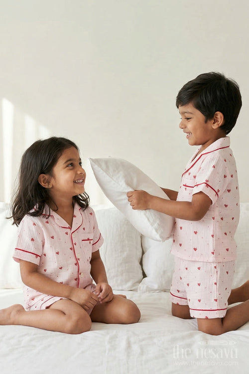 The Nesavu Night Dress Unisex Kids Cotton Night Suit with Heart Print for Bedtime Comfort Nesavu 16 (1Y) / Half white / Muslin Cotton NS058A-16 Nesavu Kids Unisex Muslin Cotton Heart Print Night Suit For Everyday Summer Sleepwear