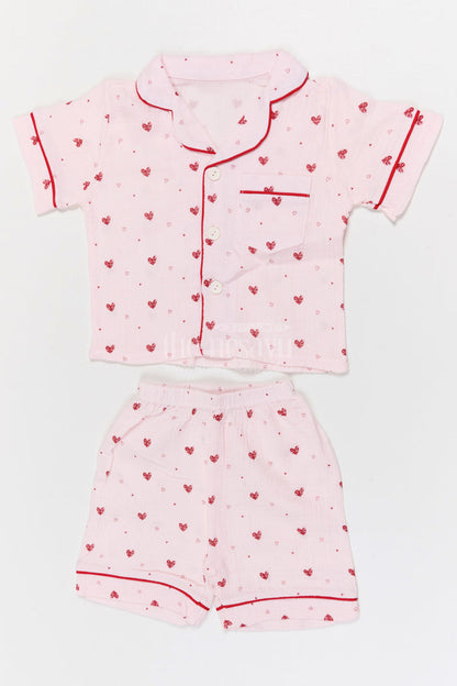 The Nesavu Night Dress Kids Cotton Night Suit with Heart Print for Bedtime Comfort Nesavu 16 (1Y) / Half white / Muslin Cotton NS058A-16 Nesavu Kids Muslin Cotton Heart Print Night Suit For Everyday Summer Sleepwear