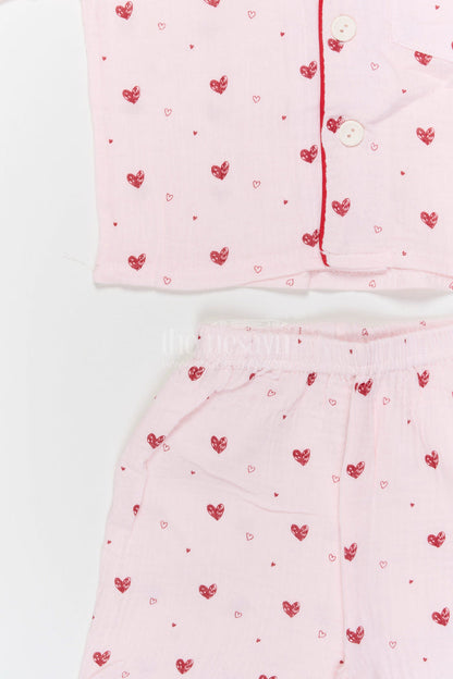 The Nesavu Night Dress Kids Cotton Night Suit with Heart Print for Bedtime Comfort Nesavu Nesavu Kids Muslin Cotton Heart Print Night Suit For Everyday Summer Sleepwear