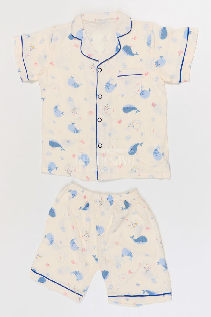 The Nesavu Night Dress Kids Cotton Night Suit with Whale Print for Summer Nights Nesavu 16 (1Y) / Multicolor / Muslin Cotton NS057A-16 Nesavu Kids Muslin Cotton Whale Print Night Suit For Comfortable Sleepwear