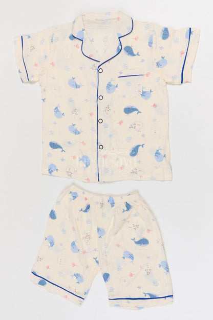 The Nesavu Night Dress Kids Cotton Night Suit with Whale Print for Summer Nights Nesavu 16 (1Y) / Multicolor / Muslin Cotton NS057A-16 Nesavu Kids Muslin Cotton Whale Print Night Suit For Comfortable Sleepwear