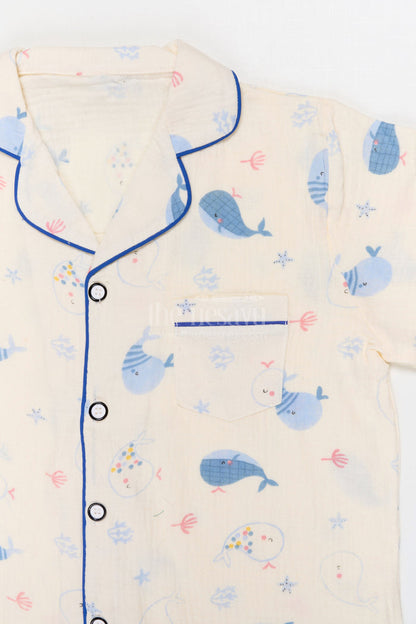 The Nesavu Night Dress Kids Cotton Night Suit with Whale Print for Summer Nights Nesavu Nesavu Kids Muslin Cotton Whale Print Night Suit For Comfortable Sleepwear