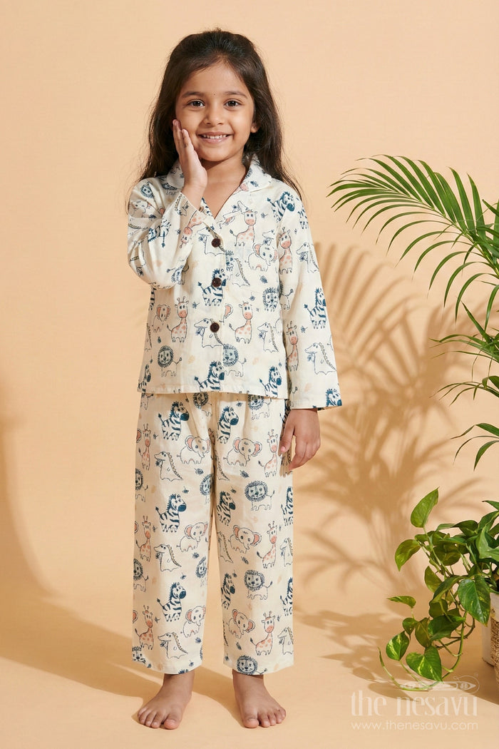 The Nesavu Night Dress Kids Cotton Nightwear with Jungle Animal Print for Cozy Sleep Nesavu Nesavu cotton nightwear set for kids with animal print – soft, breathable jungle-themed sleepwear