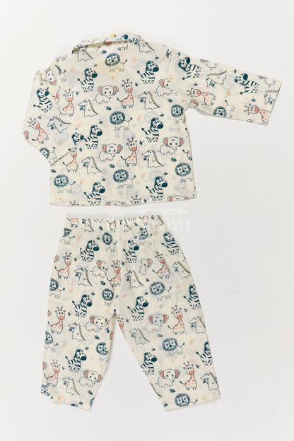 The Nesavu Night Dress Kids Cotton Nightwear with Jungle Animal Print for Cozy Sleep Nesavu Nesavu cotton nightwear set for kids with animal print – soft, breathable jungle-themed sleepwear