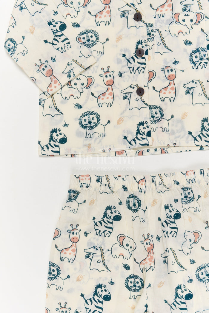 The Nesavu Night Dress Kids Cotton Nightwear with Jungle Animal Print for Cozy Sleep Nesavu Nesavu cotton nightwear set for kids with animal print – soft, breathable jungle-themed sleepwear