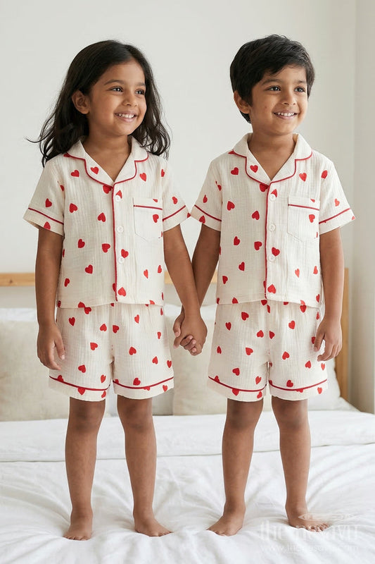 The Nesavu Night Dress Unisex Kids Cotton Suit for Comfortable Summer Sleep Nesavu 16 (1Y) / Cream / Muslin Cotton NS053A-16 Nesavu Kids Muslin Cotton Night Suit With Digital Print For Summer Sleepwear