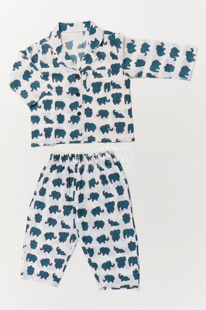 The Nesavu Night Dress Boys Elephant Print Cotton Nightwear Set for Bedtime Comfort Nesavu 16 (1Y) / Green / Cotton NS046A-16 Nesavu boys cotton nightwear with elephant print – soft and breathable bedtime set for toddlers