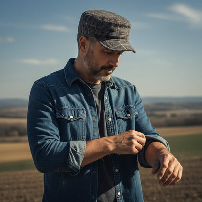Man wearing a denim jacket and cap standing in an open field
