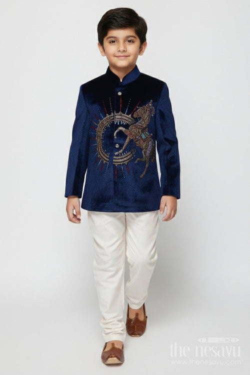 The Nesavu Boys Jacket Sets Velvet Embroidered Jacket Set for Boys for Poojas and Winter Celebrations Nesavu 16 (1Y) / Blue BES862A-16 Nesavu boys velvet jacket kurta set with gold embroidery for weddings and festive evening functions