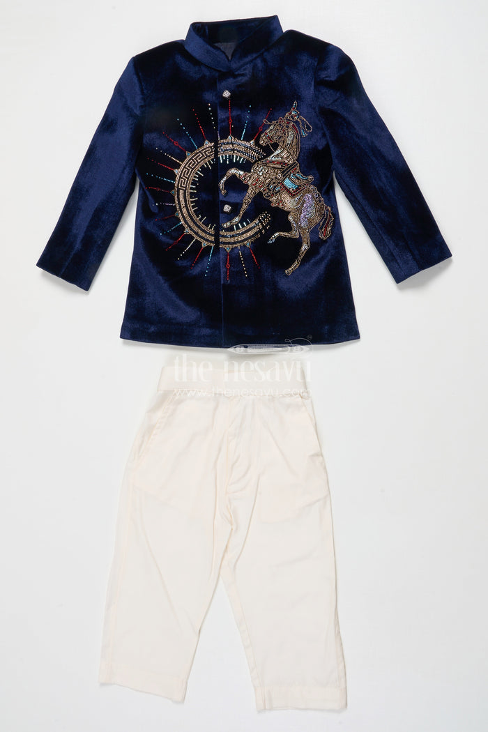 The Nesavu Boys Jacket Sets Velvet Embroidered Jacket Set for Boys for Poojas and Winter Celebrations Nesavu 16 (1Y) / Blue BES862A-16 Nesavu boys velvet jacket kurta set with gold embroidery for weddings and festive evening functions