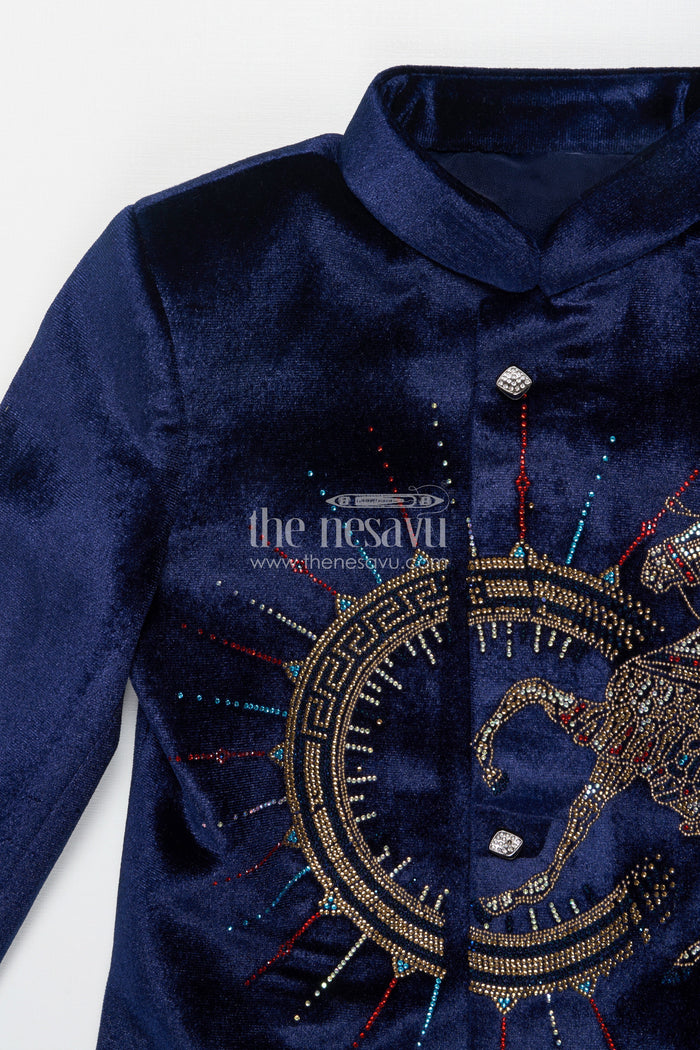 The Nesavu Boys Jacket Sets Velvet Embroidered Jacket Set for Boys for Poojas and Winter Celebrations Nesavu Nesavu boys velvet jacket kurta set with gold embroidery for weddings and festive evening functions