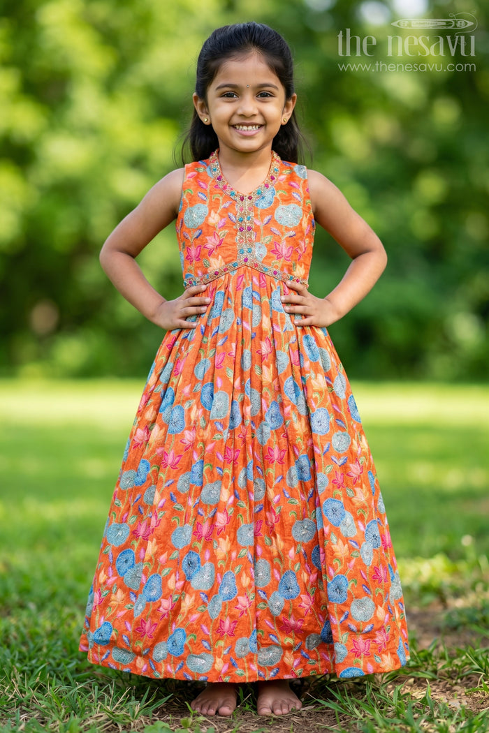 The Nesavu Girls Silk Gown Vibrant Anarkali for Girls in Pure Chinon with Digital Print and Intricate Embellishments Nesavu 32 (9Y) / Orange GA293A-32 Vibrant Anarkali Girls Pure Chinon Digital Print Intricate Embellishments | The Nesavu