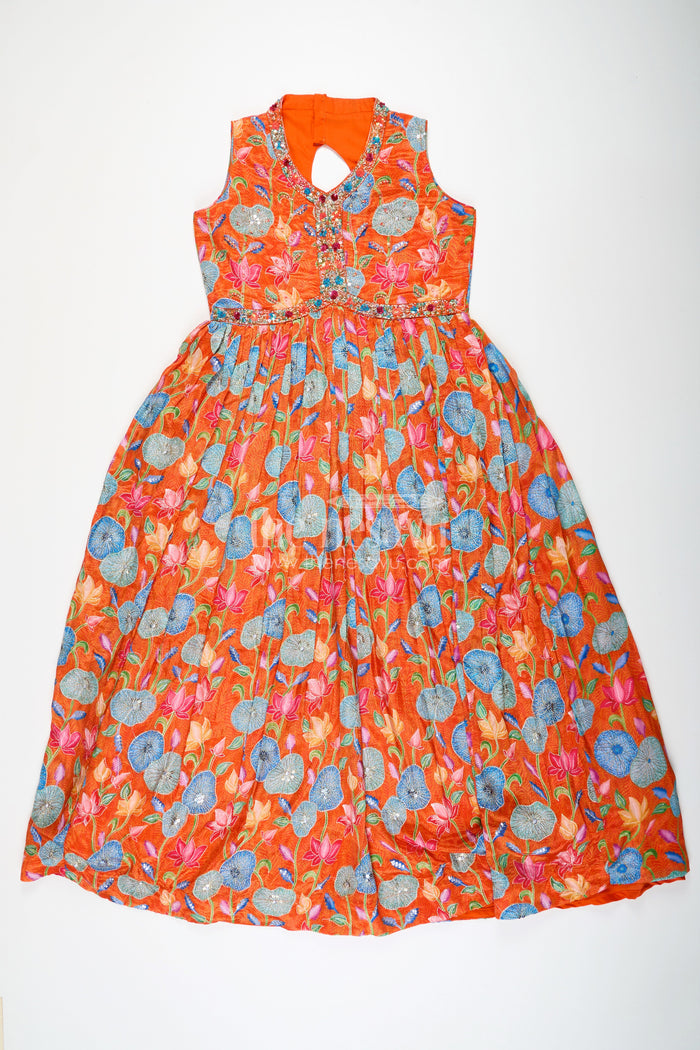 The Nesavu Girls Silk Gown Vibrant Anarkali for Girls in Pure Chinon with Digital Print and Intricate Embellishments Nesavu 32 (9Y) / Orange GA293A-32 Nesavu Vibrant Anarkali Girls Pure Chinon Digital Print Intricate Embellishments