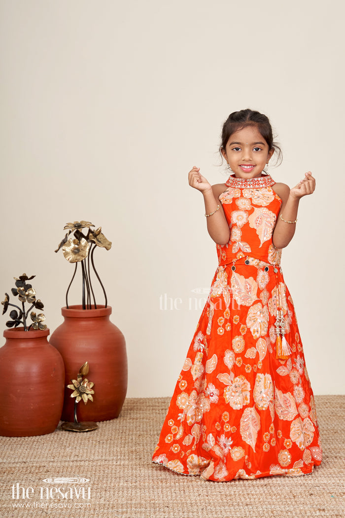 The Nesavu Girls Lehenga Choli Viscose silk lehenga choli for girls with sequence embroidery Nesavu 16 (1Y) / Orange GL737B-16 Nesavu orange viscose silk lehenga choli for girls with sequin embroidery and festive tassel details