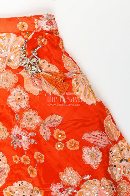 The Nesavu Girls Lehenga Choli Viscose silk lehenga choli for girls with sequence embroidery Nesavu Nesavu orange viscose silk lehenga choli for girls with sequin embroidery and festive tassel details