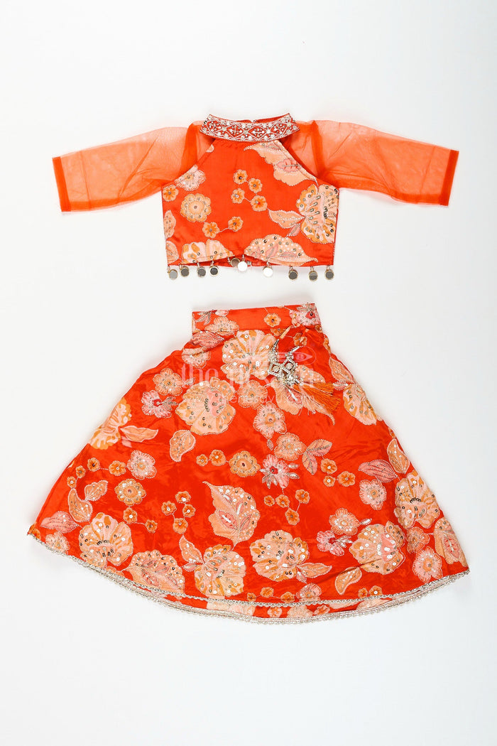The Nesavu Girls Lehenga Choli Viscose silk lehenga choli for girls with sequence embroidery Nesavu Nesavu orange viscose silk lehenga choli for girls with sequin embroidery and festive tassel details